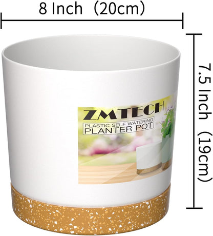ZMTECH Plant Pots, Set of 3 8'' Self Watering Plastic Planter with Drainage Hole and Saucer, Modern