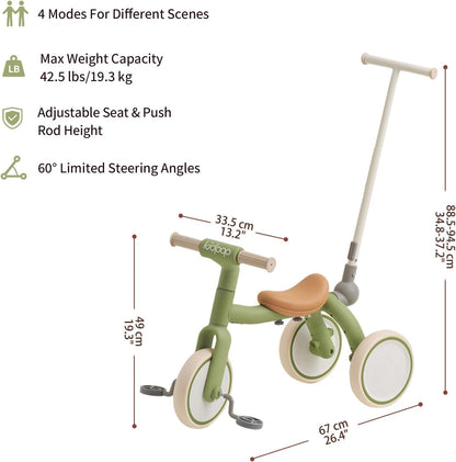 4-in-1 Toddler Tricycle with Adjustable Push Handle for 1-4 Year Old,Birthday Gift and Toy for Boys