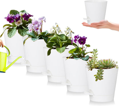 5 Pack 5 inch Self-Watering Pots, African Violets Planter with Drainage Holes and Reservoir, White