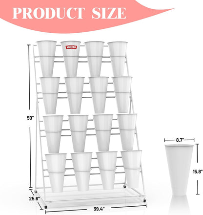 Flower Display Stand with Buckets, 4 Layers 16 PCS Buckets Plant Stand with Wheels, Movable Metal