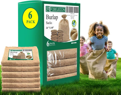 Heavy Duty Reusable Burlap Sacks (Set of 6) – 24" X 40" Perfect Sack Race Bags for Adults and Kids