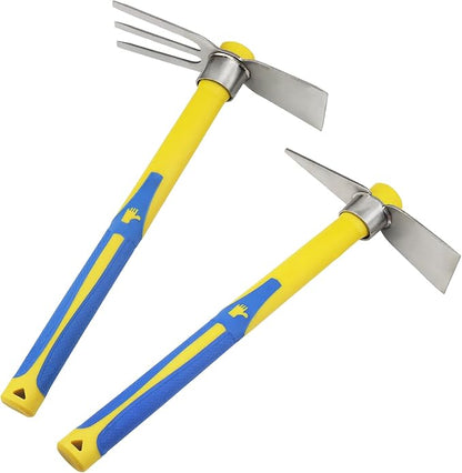 2 PCS Garden Hoe Tools, Stainless Steel Cultivator Hand Tiller and Hand Pick Axe with Fiberglass