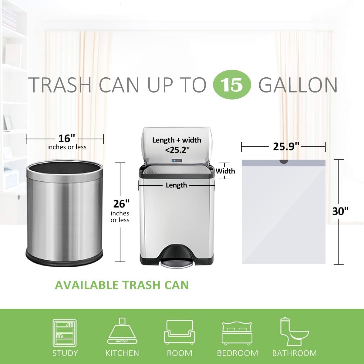 Teivio 15 Gallon 60 Counts Strong Tall Kitchen Drawstring Trash Bags, Medium Plastic Garbage Bags