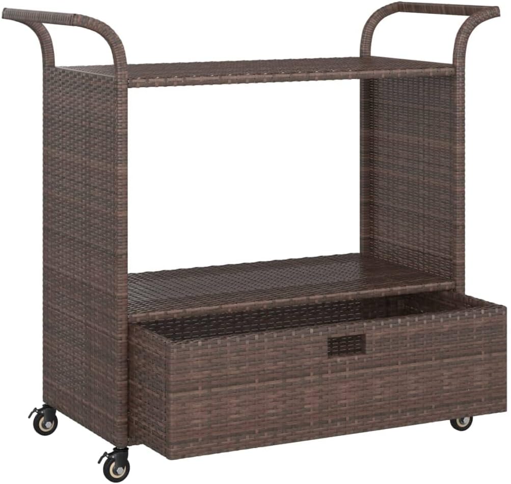 Outdoor Rolling Wicker Bar Cart with Drawer, Portable Bar Cart with Wheels, Patio Kitchen Island