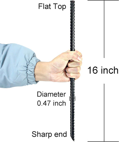 16 Inch Ground Rebar Stakes Heavy Duty Steel Ground Anchors for Outdoor, Straight Metal Stakes with