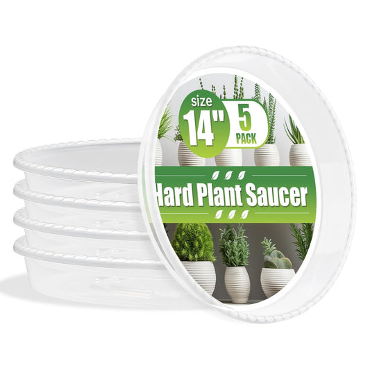 RooTrimmer 5 Pack 14 Inch Clear Plant Saucers for Pots,Heavy Duty Thick Plastic Plant Trays,Sturdy