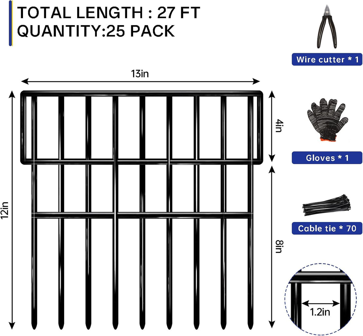 25 Panels Animal Barrier Fence, 27 Ft(L) X 13 in(H) No Dig Garden Edging Border for Yard, Anti