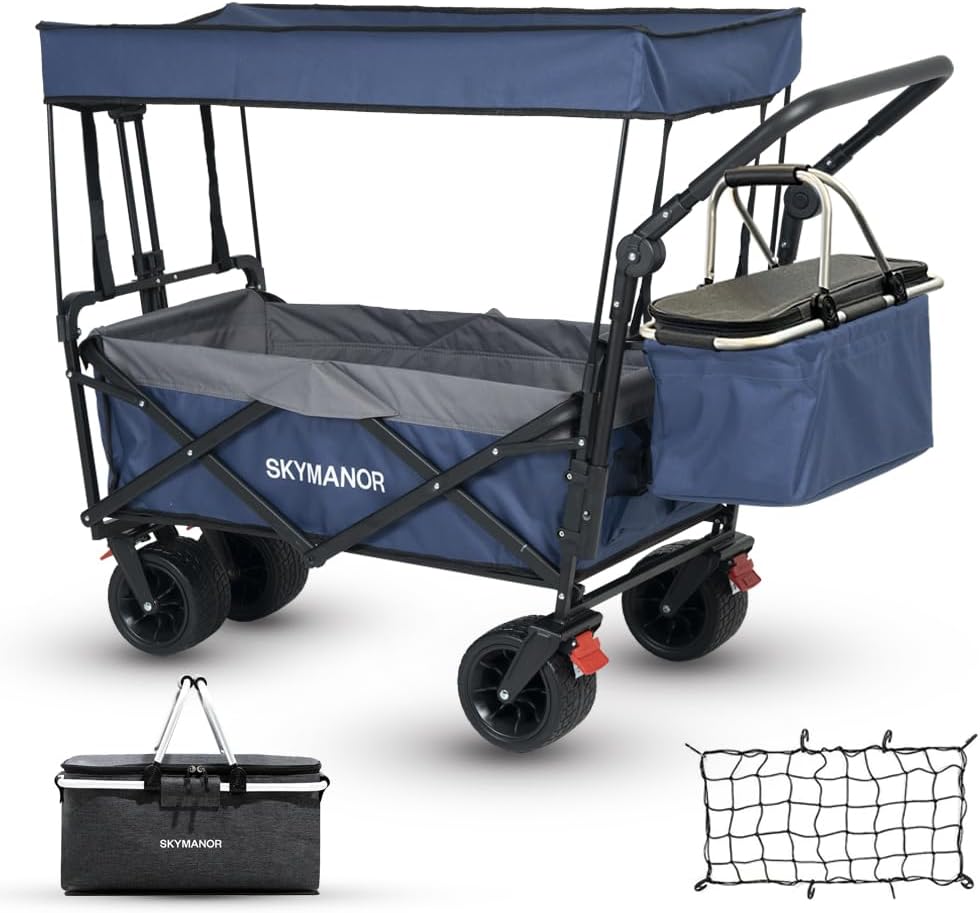 SKYMANOR Collapsible Wagon with Removable Canopy, 3-in-1 Heavy Duty Garden Cart with Big