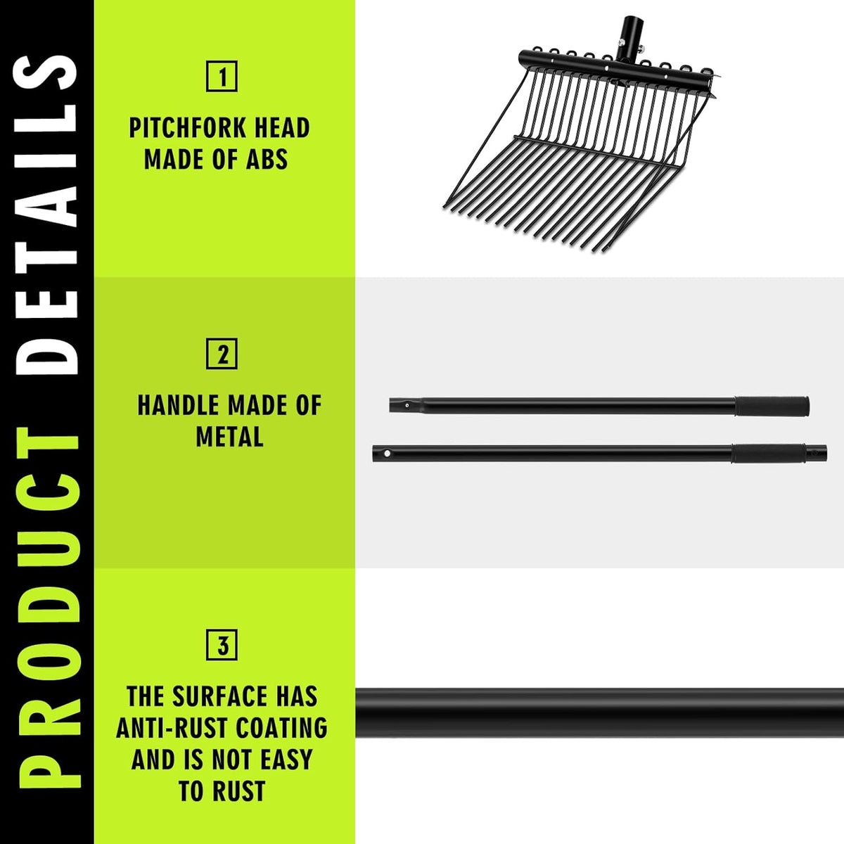 Lasnten 3 Sets Metal Manure Fork with Long Metal Handle Pitch Fork Manure Rake Black Heavy Duty