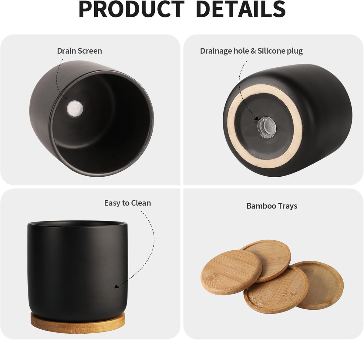 OMAYKEY 4 Inch Ceramic Plant Pot with Saucer, Black Planters Pots with Drainage Hole and Mesh Pads