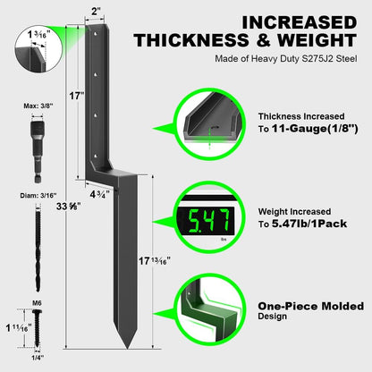 Fence Post Repair Kit - One-Piece Steel Anchors & Stakes to Quick Fix Broken/Leaning 4x4/6x6 Wood