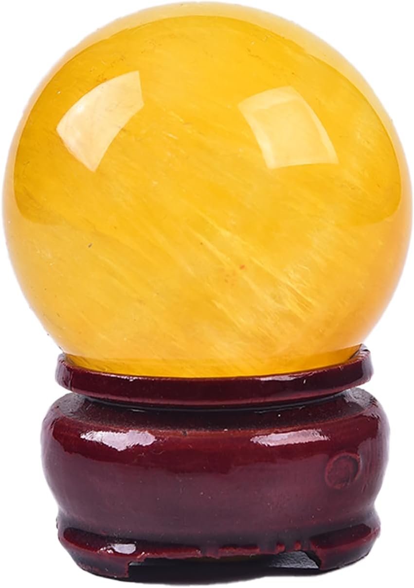 JIC Gem Natural Yellow Fluorite Crystal Sphere Crystal Decorative Ball with Wooden Stand Meditation