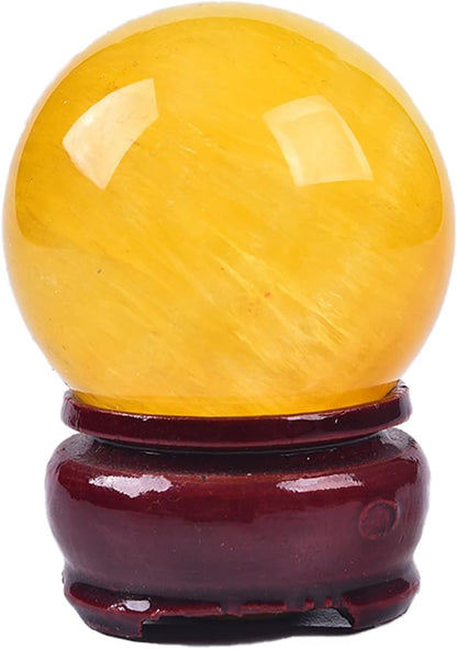 JIC Gem Natural Yellow Fluorite Crystal Sphere Crystal Decorative Ball with Wooden Stand Meditation