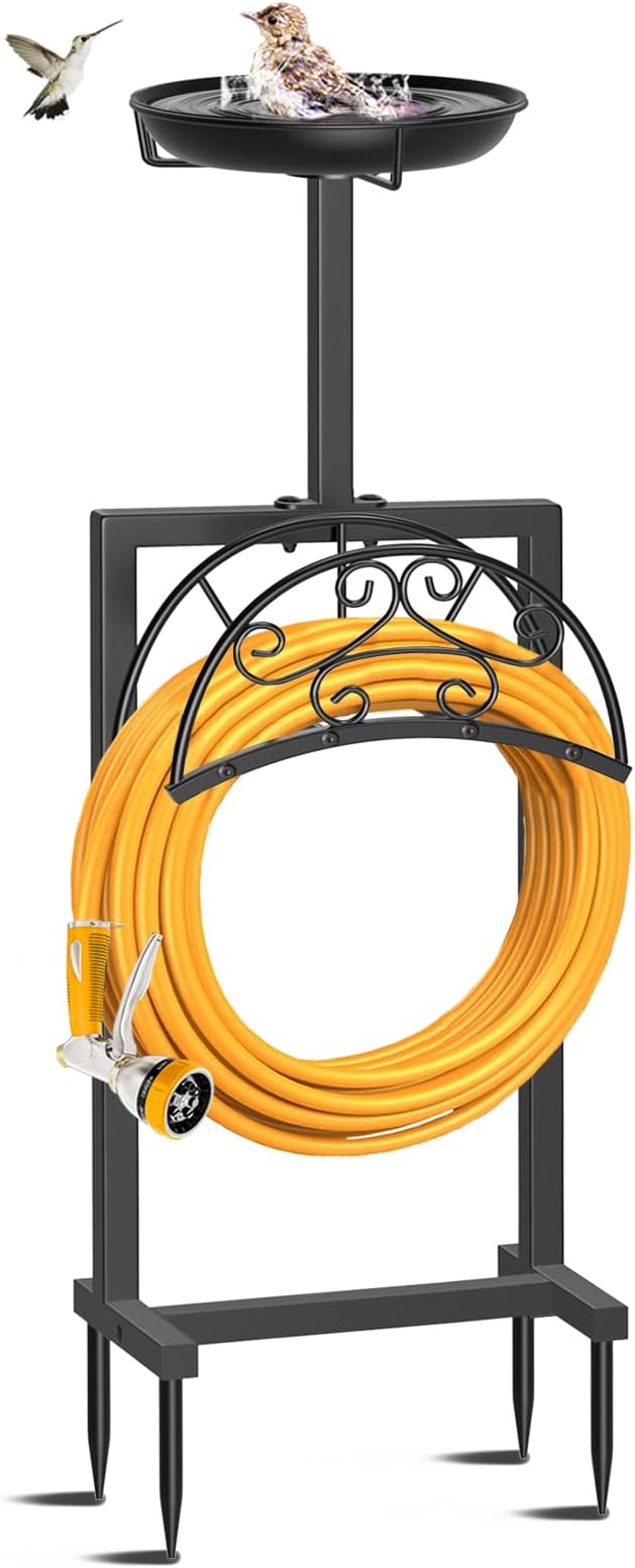 Garden Hose Holder Hanger Freestanding, Upgraded 4 Spikes Heavy Duty Storage Reel Stand with Bird