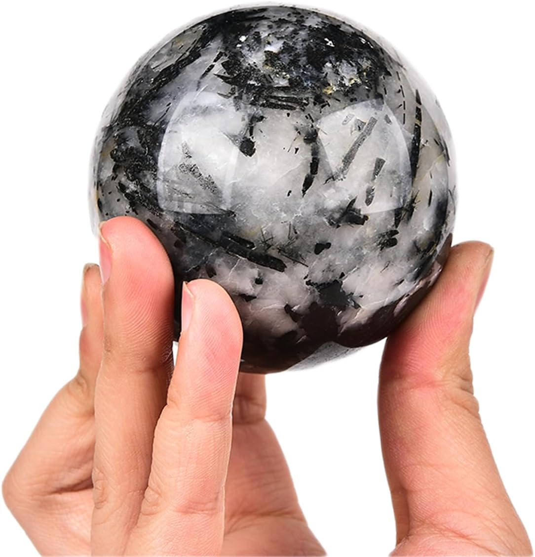 JIC Gem Natural Black and White Tourmaline Crystal Sphere with Wooden Stand Black Quartz Crystal