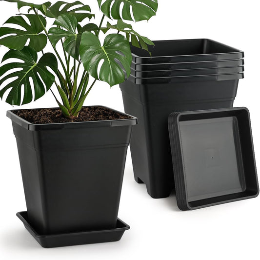 BTPLASTIK Plant Pots 10 Inch Set of 5, Large Square Plastic Planter with Drainage & Saucer, 5