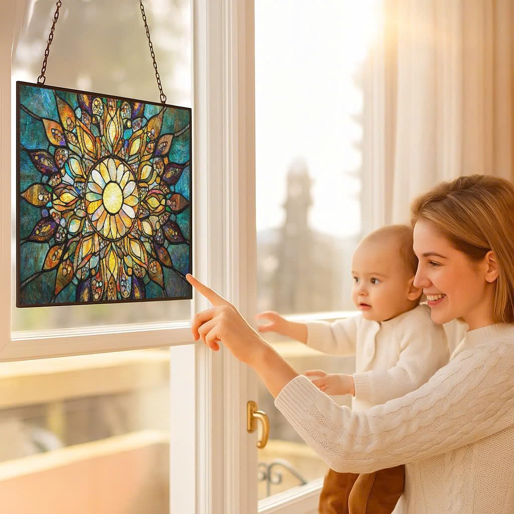 Customized Rectangle Boho Mandala Sunburst Stained Glass Suncatcher Window Hangings, Stained Glass