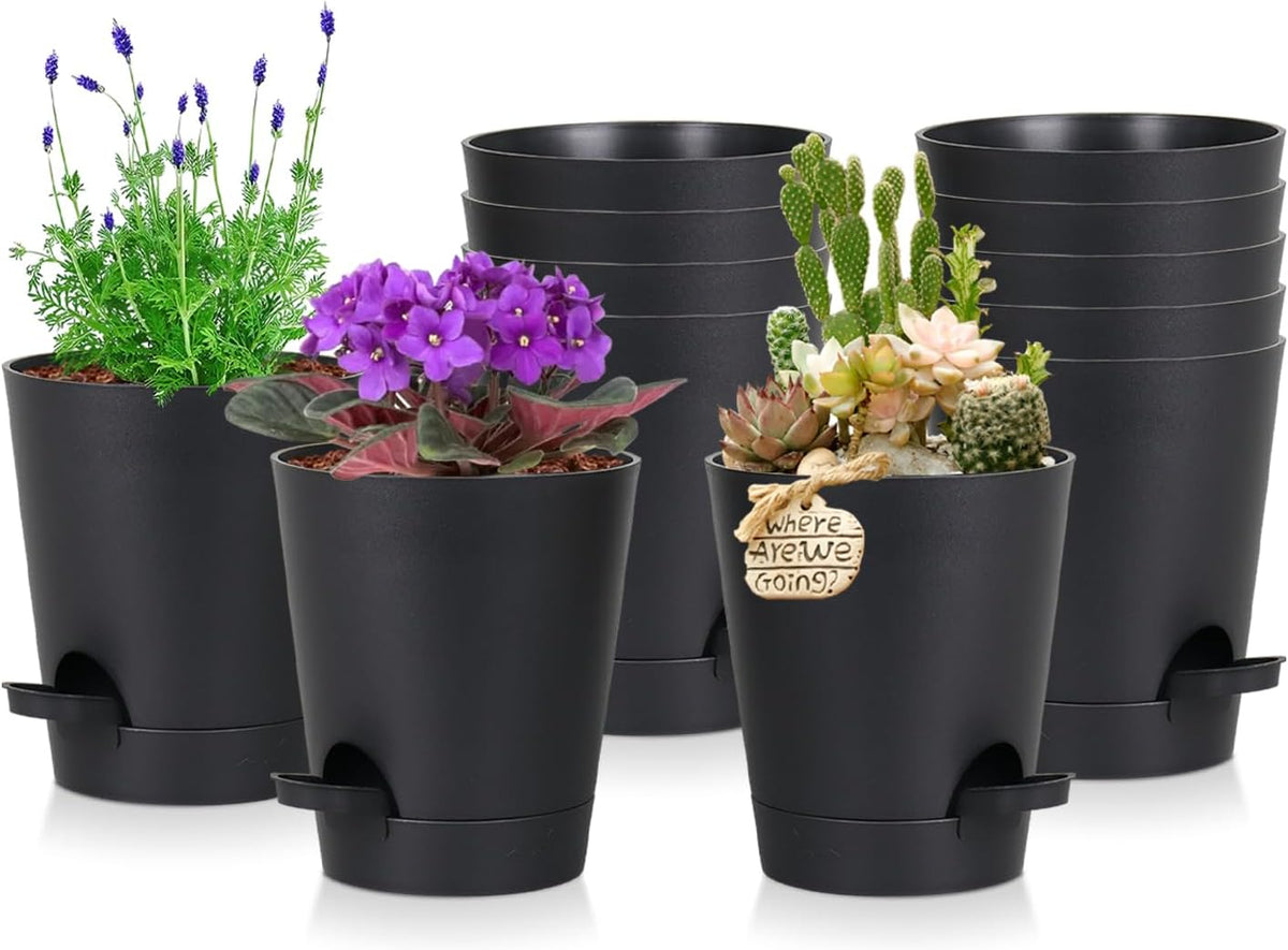 12 Pack 4 Inch Self Watering Plant Pots with Drainage and Saucers，Plastic Flower Pots for Indoor