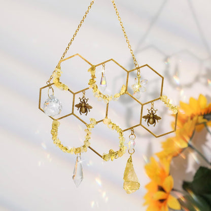 Tuitessine Crystals Suncatcher Window Hanging Bumble Bee Decor Honeycomb Light with Crystal Glass