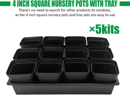4 inch (10CM) Square Nursery Pots 60pcs, Sturdy Seedlings Trays 5 Pcs, Seeds Starter Germination