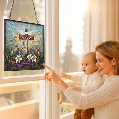 Personalized Rectangle He is Risen Suncatchers for Windows, Stained Glass Window
