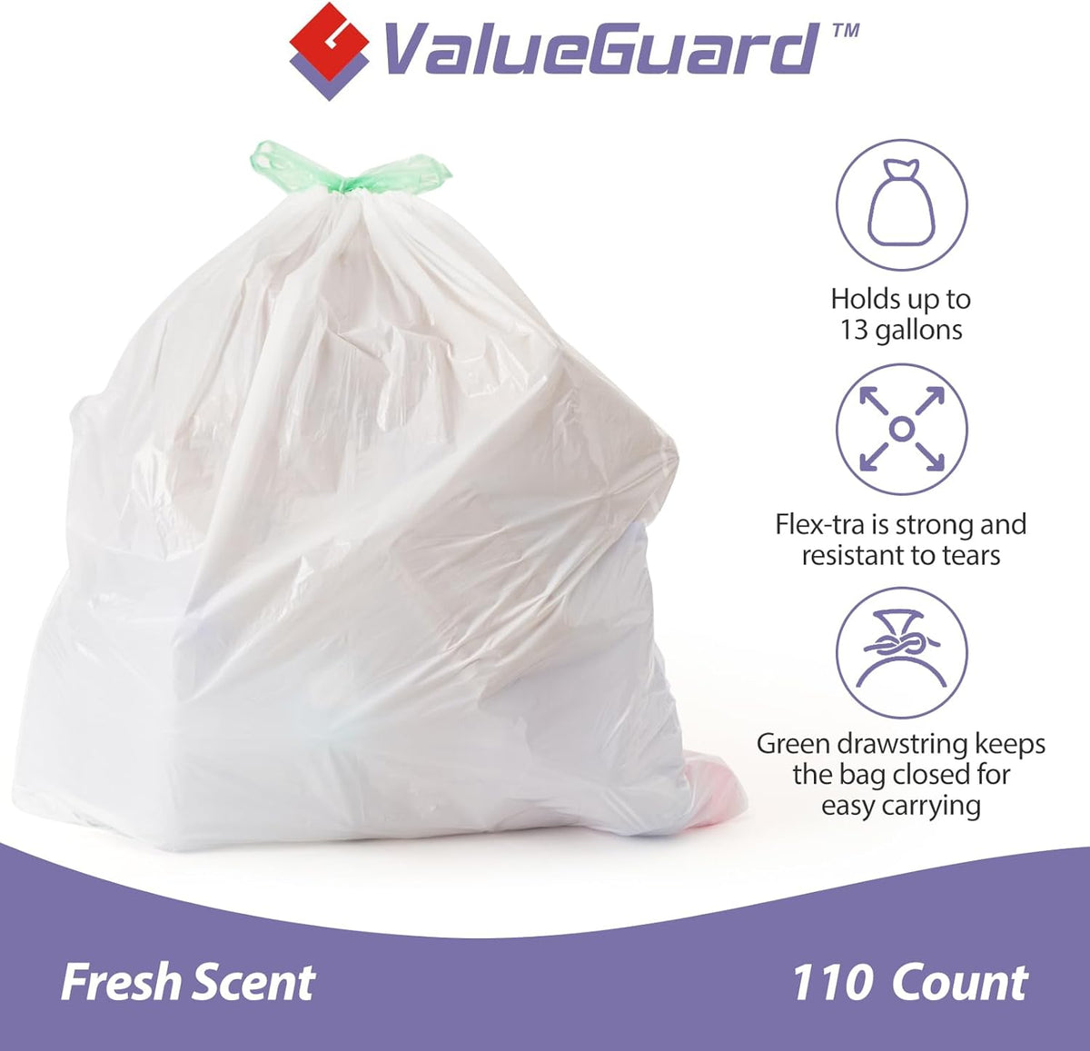Trash Bags Garbage Bag 13 Gallon Drawstring Tall Waste Bag for Kitchen Office Party 0.6 Mil (110