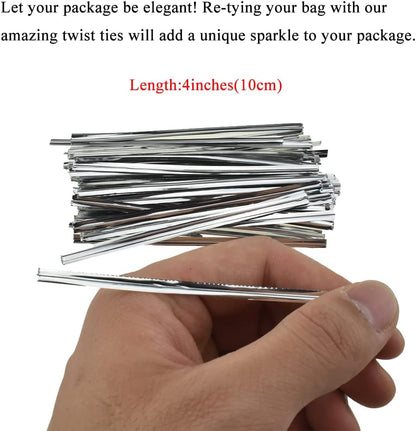 HAHIYO 300Pcs 4 Inches Silver Metal Twist Ties for Bread, Candy, Coffee, Plant Garden, Cellophane