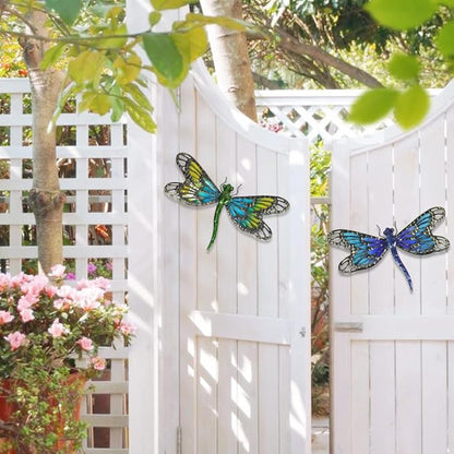 HONGLAND 2Pcs Metal Dragonfly Wall Decor Outdoor Dragonfly Wall Art Glass Sculpture for Home