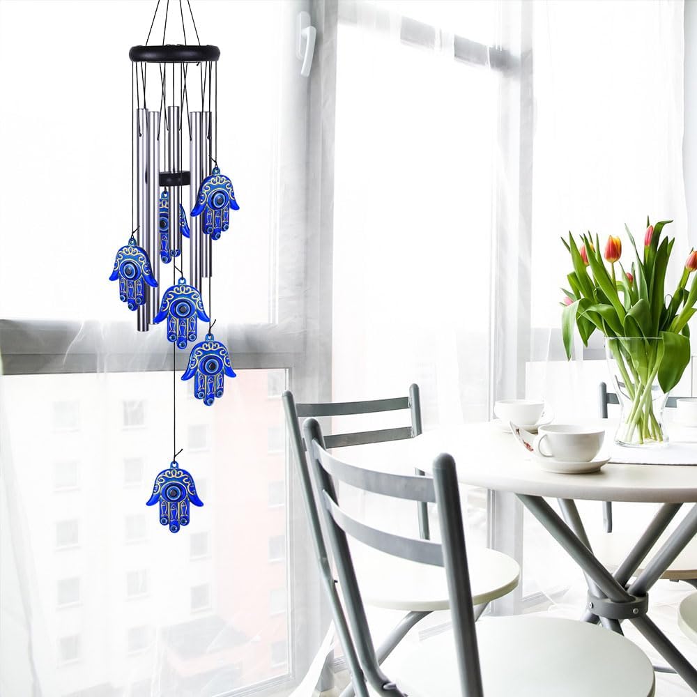 Blue Evil Eye Hamsa Hand Wind Chimes Outdoor Decoration, Hand of Fatima Windcatcher, Evil Eye Wind