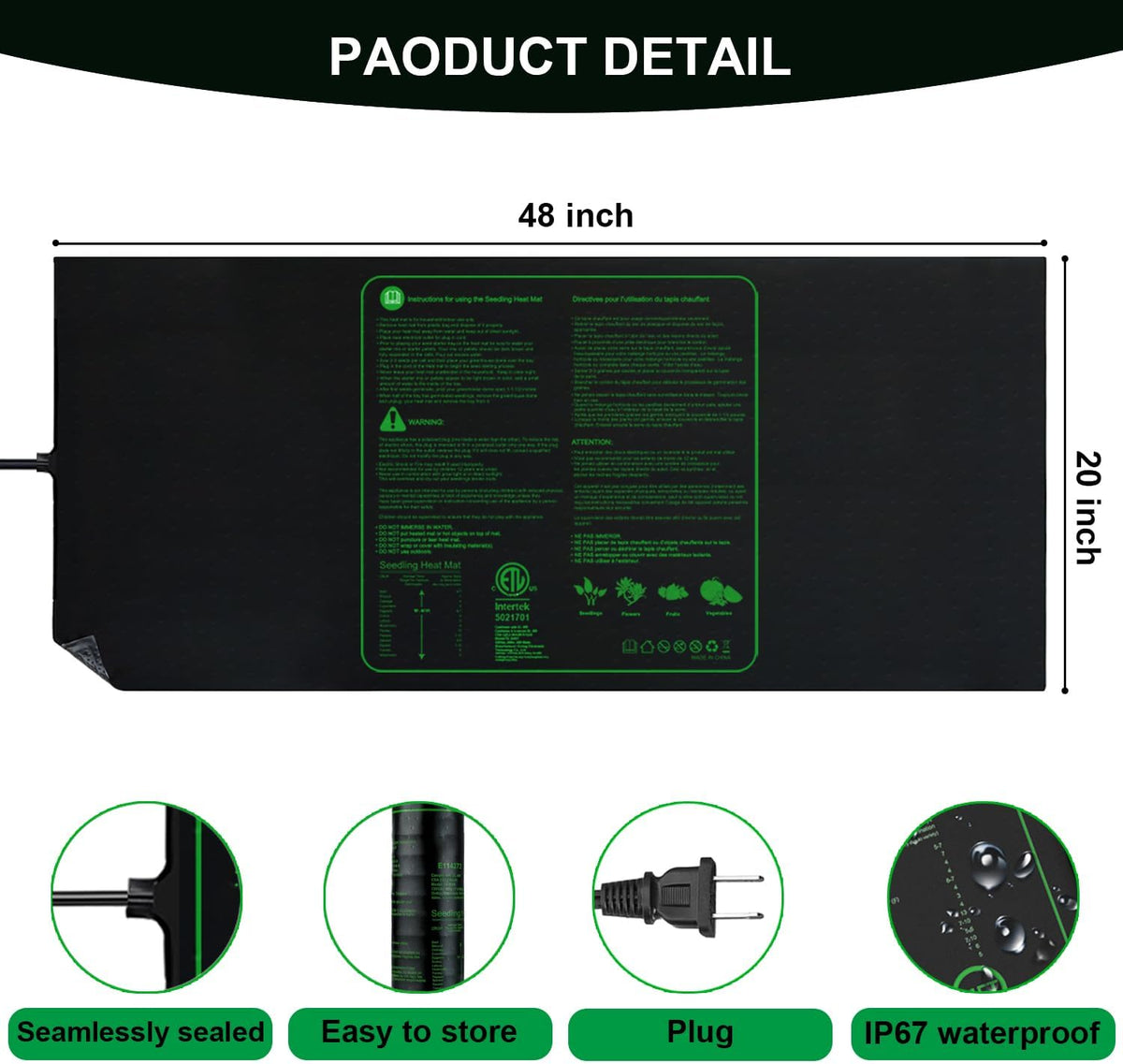 Upgrade 48"x20" Durable Waterproof Seedling Heat Mat with ETL Certified, Warm Hydroponic Heating