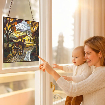 Personalized Rectangle Art Nouveau Carriage Road Suncatchers for Windows, Stained Glass Window