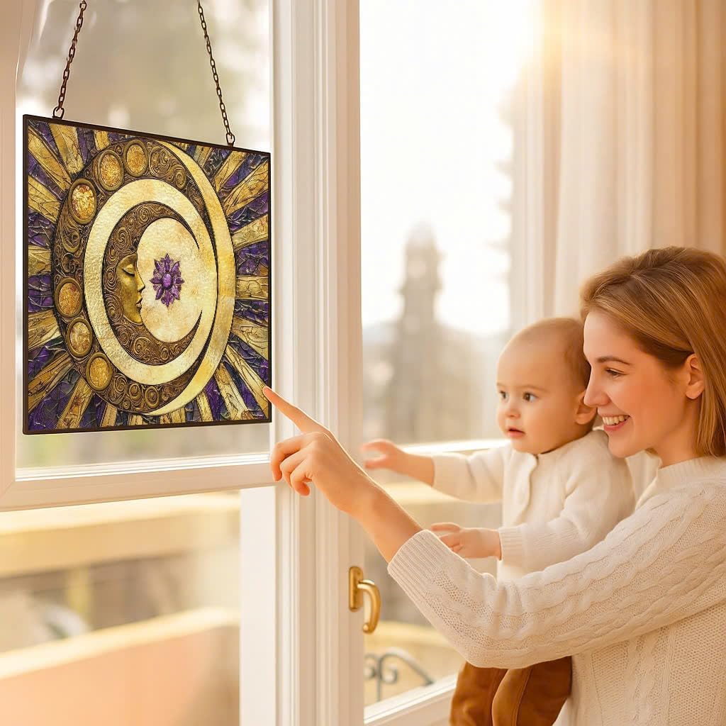 Rectangle Sun and Moon Suncatcher Indoor/Outdoor Stained Glass Window Hanging Handmade Suncatchers