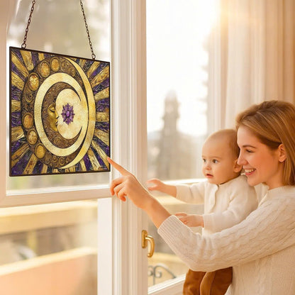 Rectangle Sun and Moon Suncatcher Indoor/Outdoor Stained Glass Window Hanging Handmade Suncatchers