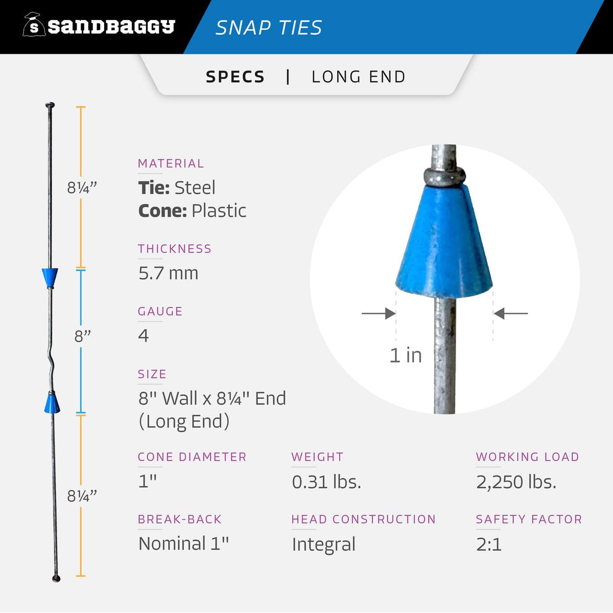 8" Standard Snap Ties for Concrete Forms - 1" Plastic Cones, Integral Heads - 2:1 Safety Factor