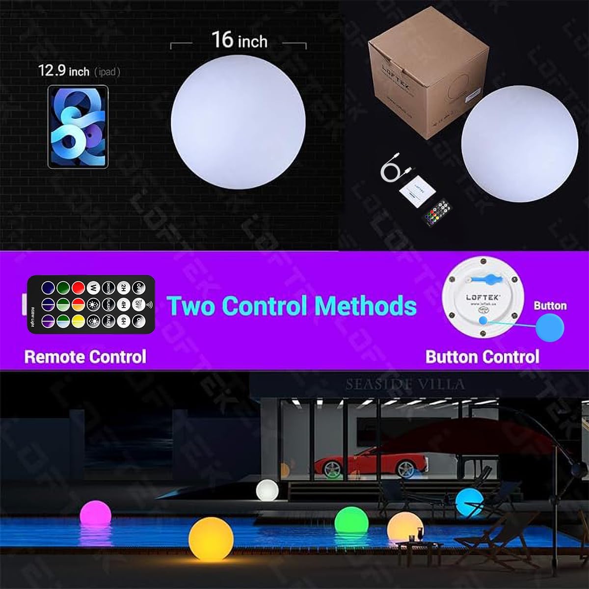LOFTEK Floating Pool Light - 16-inch Large Ball Lamp with Remote - 3 Modes & 16 RGB Colorful