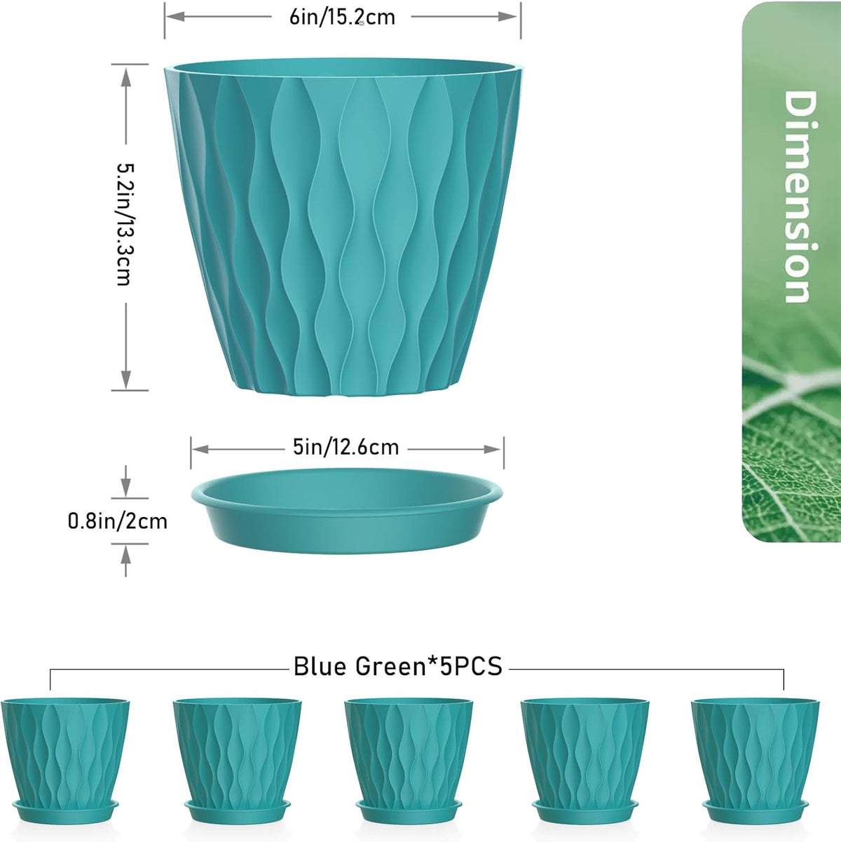6 inch Flower Pots, 5 Pack Plant Pots for Indoor Plants, Water Ripples Plastic Planters with