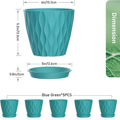 6 inch Flower Pots, 5 Pack Plant Pots for Indoor Plants, Water Ripples Plastic Planters with