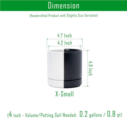 D'vine Dev 4.7 Inch Ceramic Planter Pot with Drainage Hole and Saucer, Indoor Cylinder Round