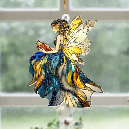 Reading Fairy Book Ornament – Stained Glass Style Acrylic Christmas Ornament, Book Lover Gift for