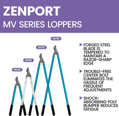 Zenport MV26 Professional Tree Loppers, 2-Inch Cut, Forged Head, 26-Inch Long, Orchard, Landscape