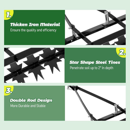 32" Tow Behind Lawn Aerator with Galvanized Steel Tines and Wide Tow Bar Black Lawn Aerator, Soil