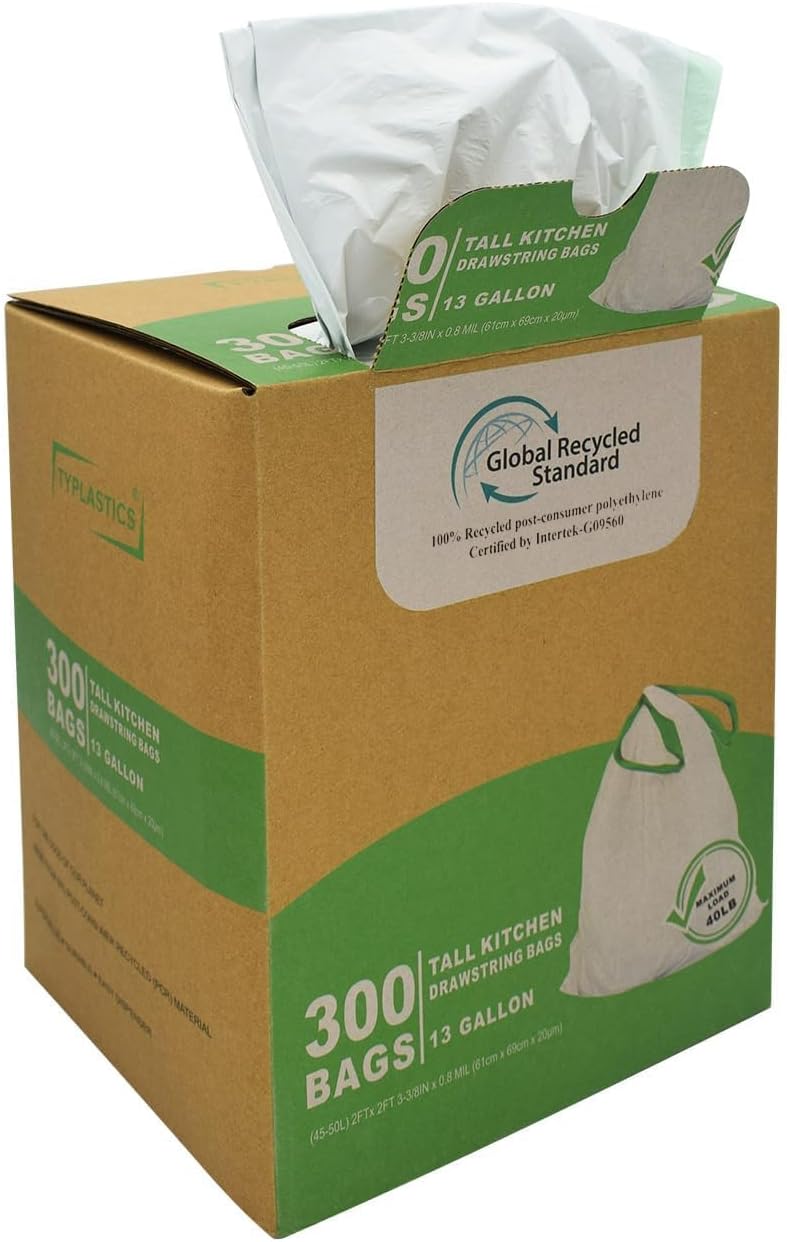 TYPLASTICS 300 Count 13 Gallon Tall Kitchen Drawstring Trash Bags, GRS Compliant, Eco-Friendly