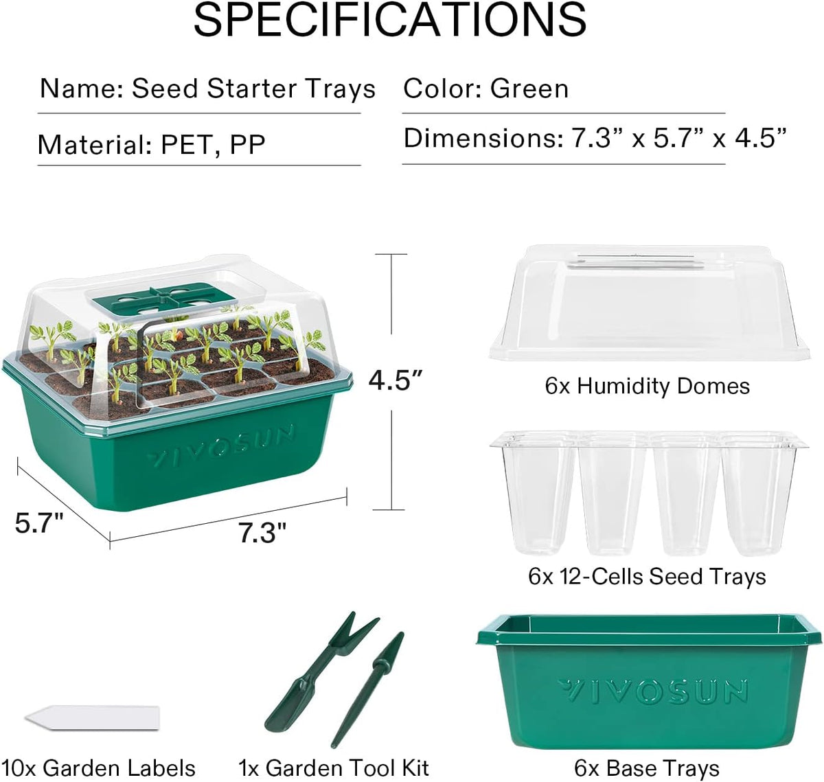 VIVOSUN 6-Pack Seed Starter Trays, 72-Cell Seed Starter Kit with Humidity Dome, Flat Reusable Plant