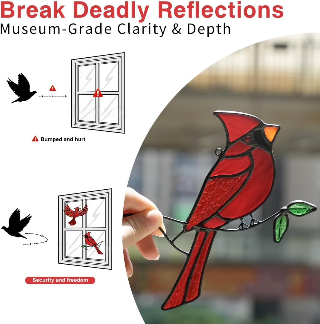 BOXCASA Cardinal Gfits Stained Glass Birds Window Hanging,Cardinal Handmade Ornament Stained Glass
