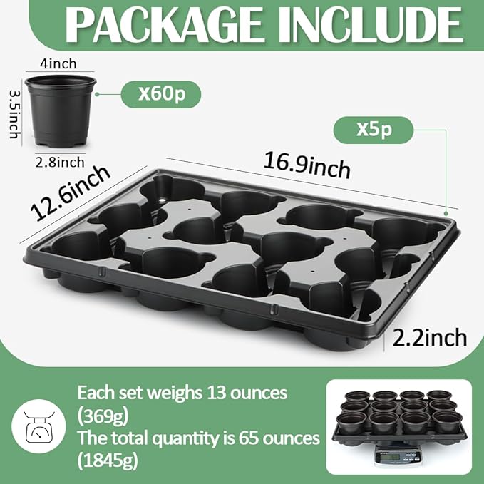4 Inch Plastic Plant Pots 60 Pcs and 12 Cell Nursery Pots Trays 5 Pcs, Thick Sturdy Seeds Starting