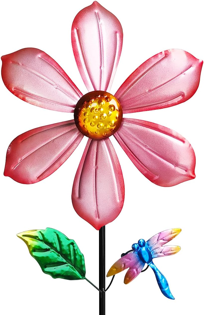 Metal Outdoor Flower Wind Spinner with Pink Floral & Gold Dragonfly, Decorative Kinetic Wind