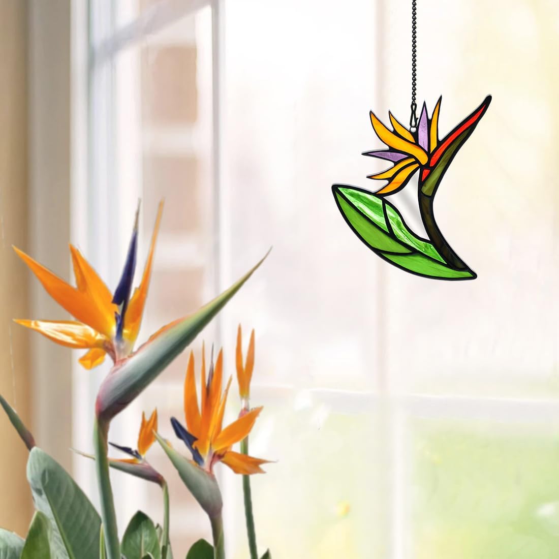 Bird of Paradise Flower Decor Stained Glass Suncatcher,Artificial Fake Flowers Gift for