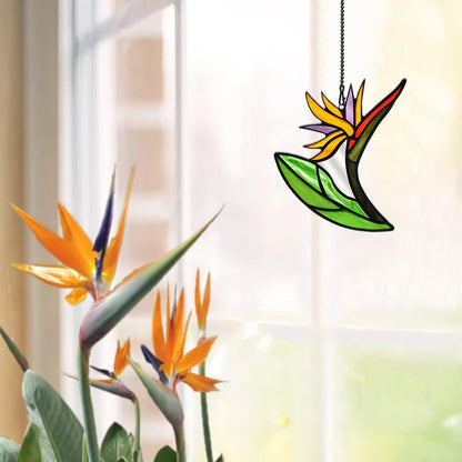 Bird of Paradise Flower Decor Stained Glass Suncatcher,Artificial Fake Flowers Gift for