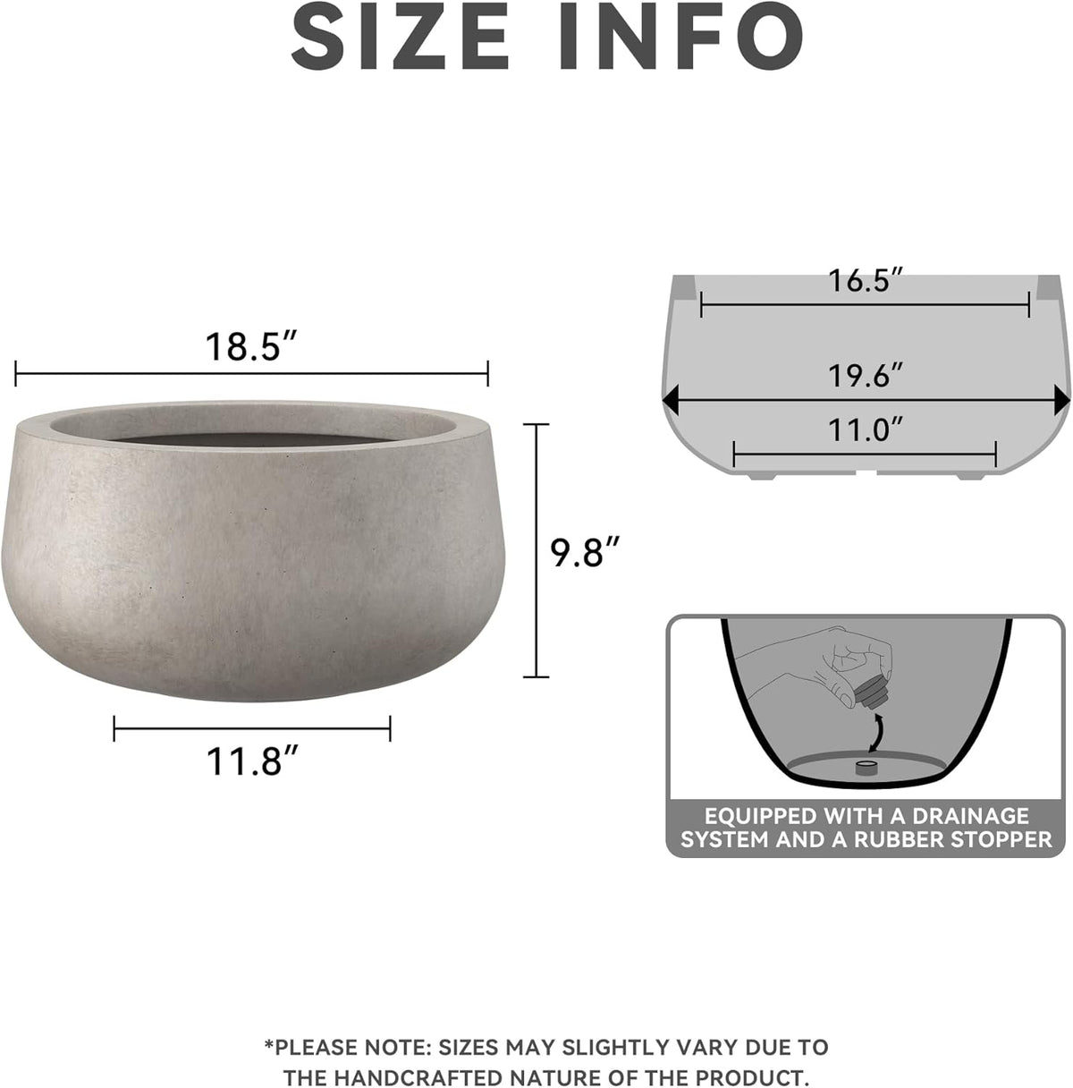 Kante 19.6" Dia Round Concrete Planter, Cement Plant Pots with Drainage Hole and Rubber Plug for