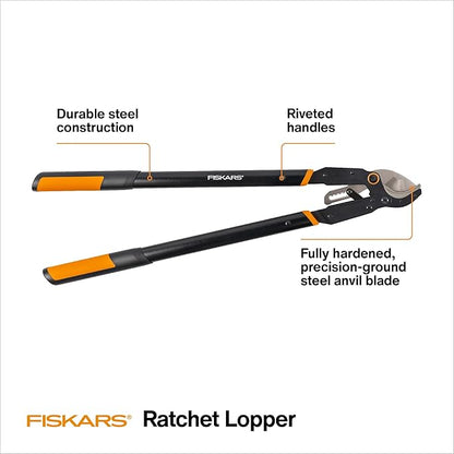 Fiskars Ratchet Drive Anvil Lopper 32 Inch Heavy Duty Tree Trimmer, 2 inch Cut Capacity, Riveted